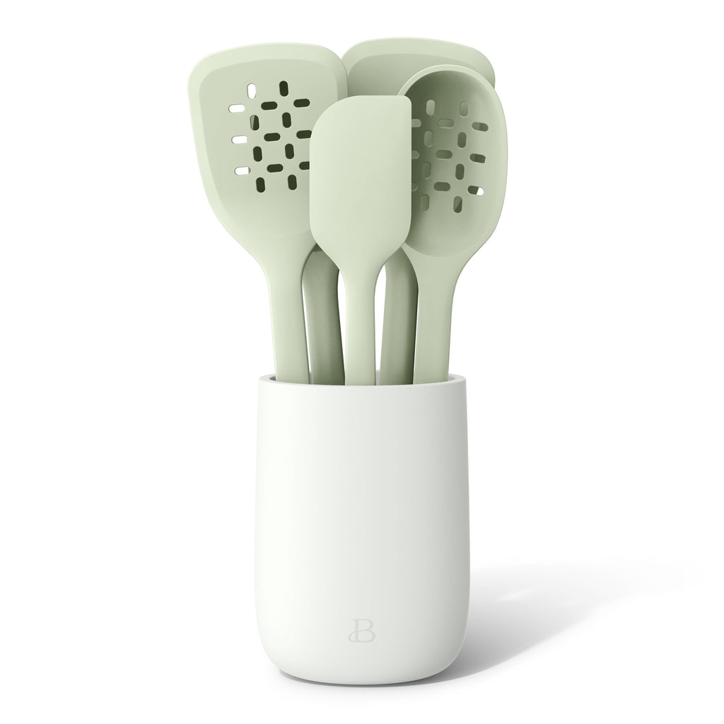 Beautiful 6-Piece Silicone Kitchen Tool Set with Ceramic Crock, Chocolate by Drew Barrymore