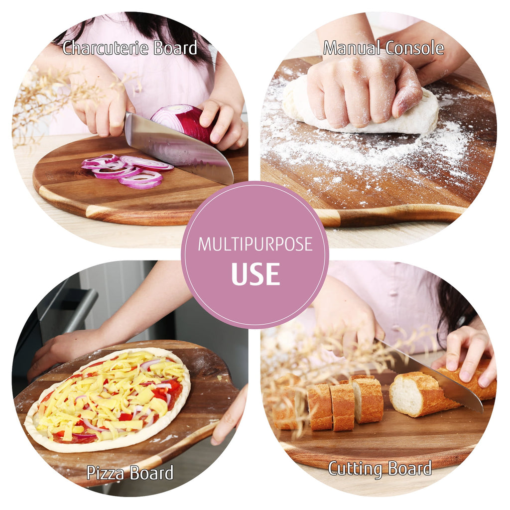 Hecef 12in Round Charcuterie Board with Handle, Acacia Wood Cutting Board Cheese Serving Tray for Pizza Fruits Cheese Bread
