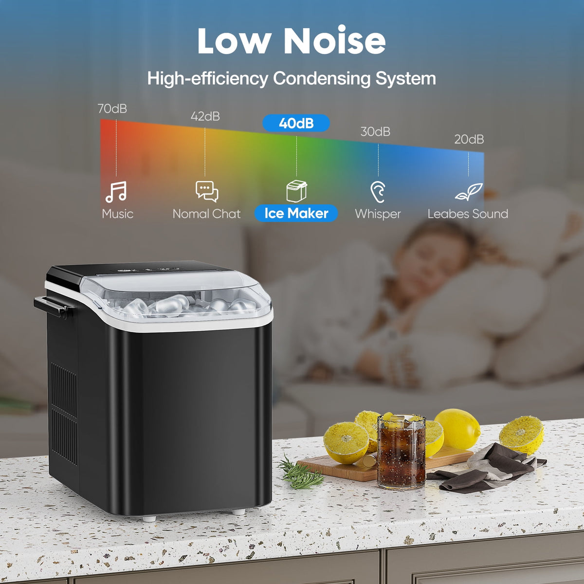 EDX Countertop Ice Maker, Self-Cleaning Portable Ice Maker Machine with Handle and Ice Scoop, Bullet Ice Cubes, 9Pcs/6Min 26.5Lbs/24H for Home/Kitchen/Bar/Party, Green