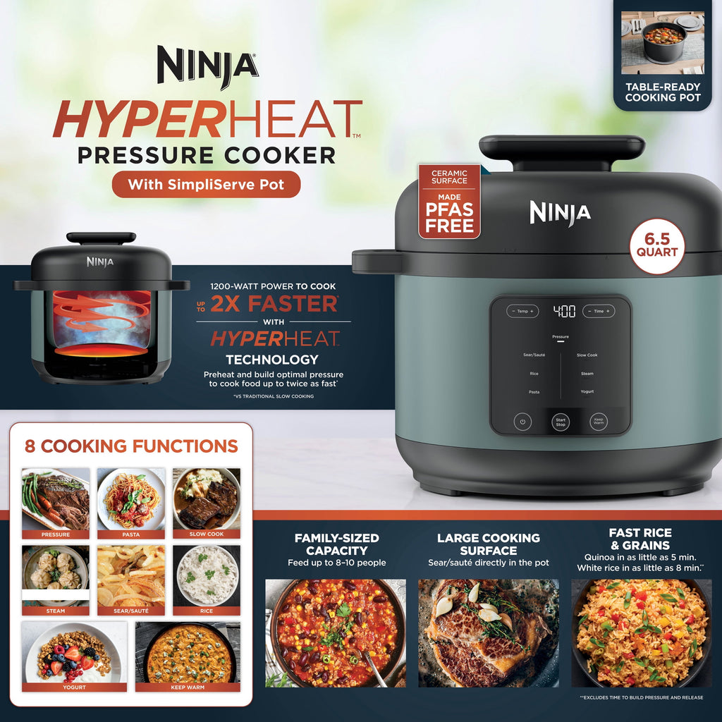 Ninja HyperHeat 8-in-1 Electric Pressure Cooker with SimpliServe Pot — 6.5 Qt, Cooks Up to 2X Faster, 1200W, Feeds 8–10, Sage Leaf
