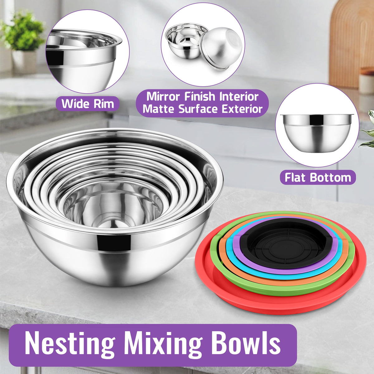 Mixing Bowls with Lids Set of 9, Vesteel Stainless Steel Mixing Bowls Metal Nesting Salad Bowls Attach with 3 Graters for Kitchen Grating/ Shredding, Size 4.6, 2.6, 2, 1.5, 1, 0.7 QT - Multi-Color