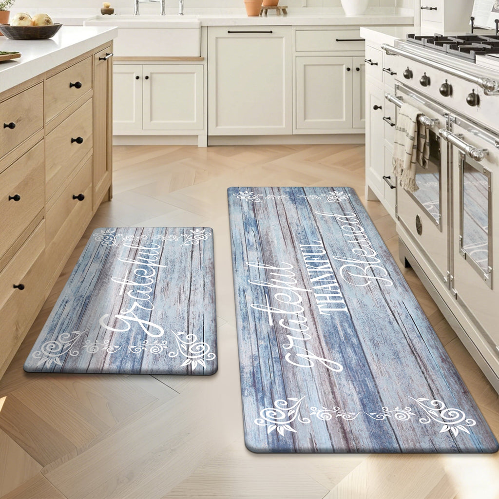 MeyJey Farmhouse Kitchen Rug Set of 2, Non-Slip Anti-Fatigue Waterproof Cushioned Mat for Kitchen, Dining & Laundry Room, 18"x30"+18"x48" Teal/Brown