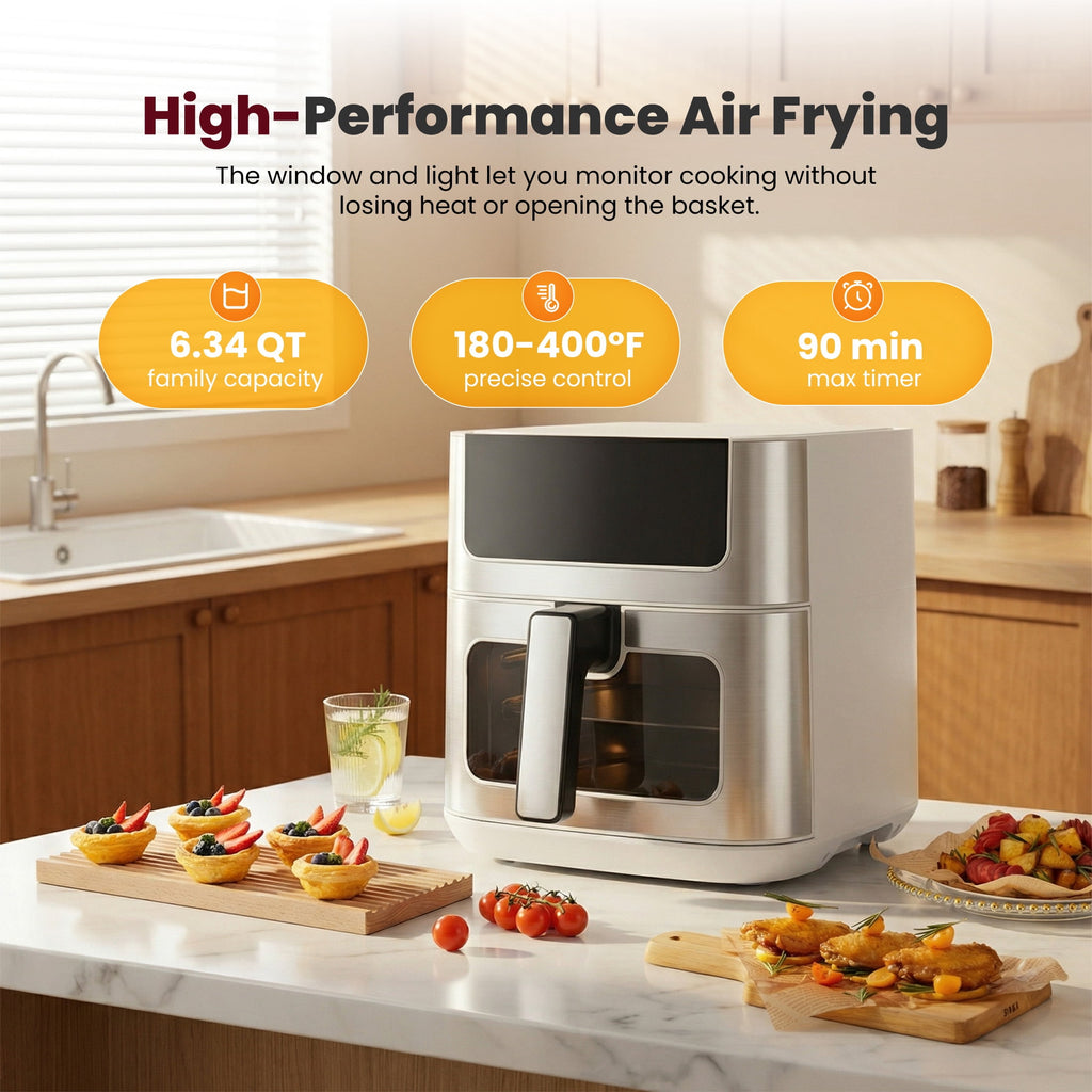 EDX 6QT Stainless Steel Air Fryer with Digital Touchscreen, 1500W, 8 Presets, Dishwasher Safe Basket, 90 Min Timer, 24H Delay Start, Gray
