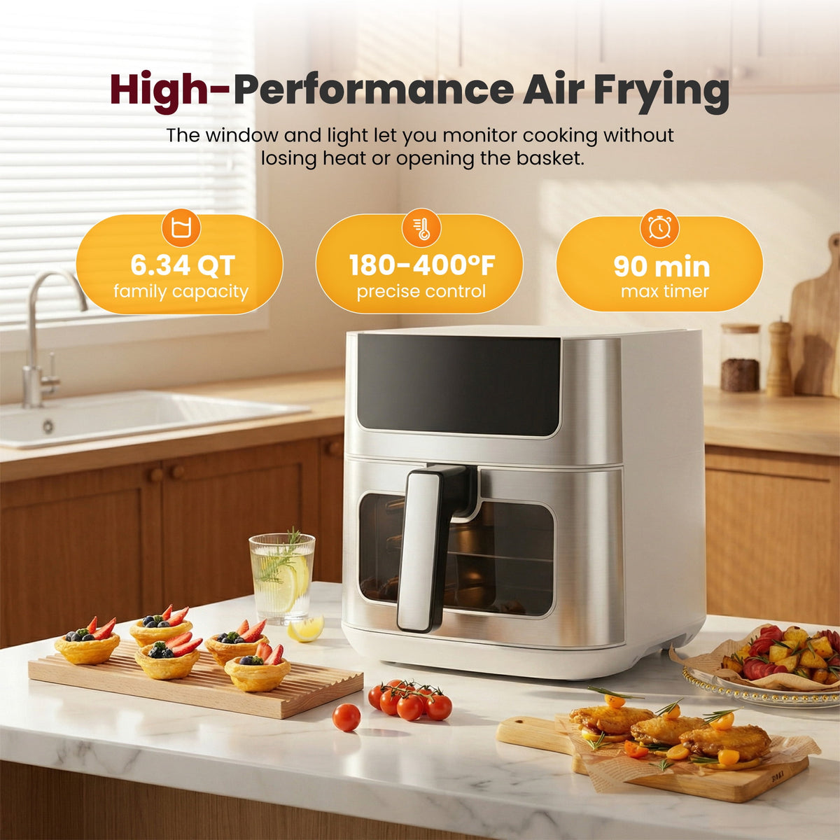 EDX 6QT Stainless Steel Air Fryer with Digital Touchscreen, 1500W, 8 Presets, Dishwasher Safe Basket, 90 Min Timer, 24H Delay Start, Gray