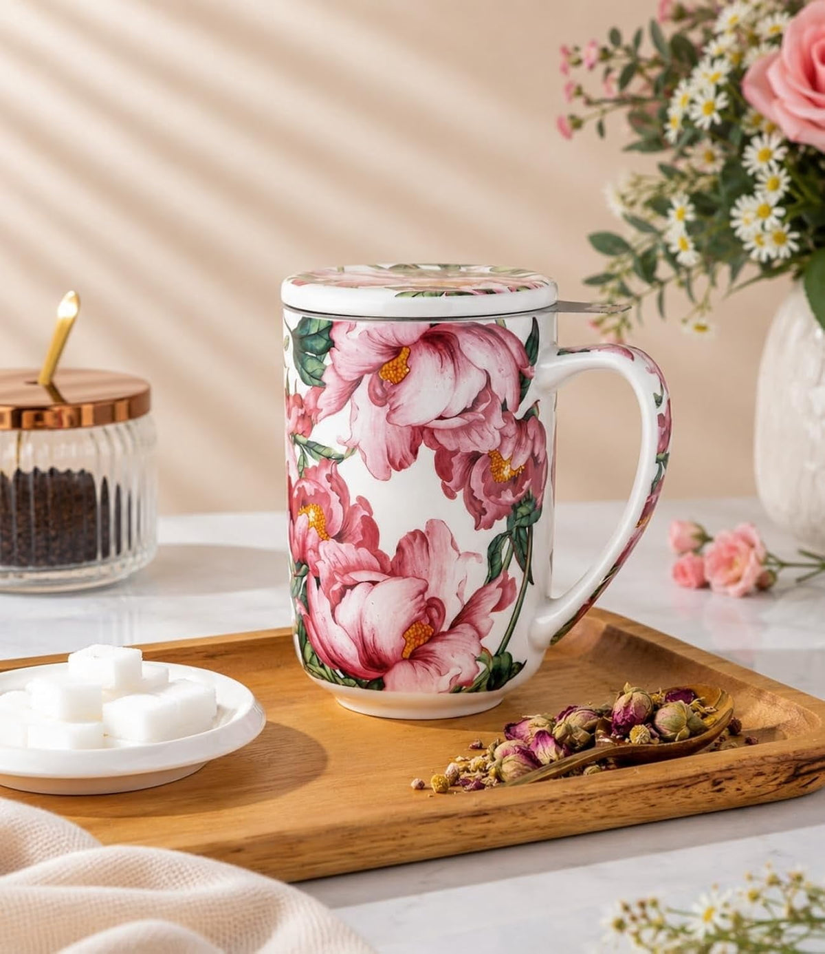 AmorArc Porcelain Tea Mug with Infuser and Lids, 18 Oz Cup Strainer Bag Holder for Loose Leaf Tea, Steeping Coffee Well-wrapped Box House-warming Wedding Birthday Gift, YelloRed