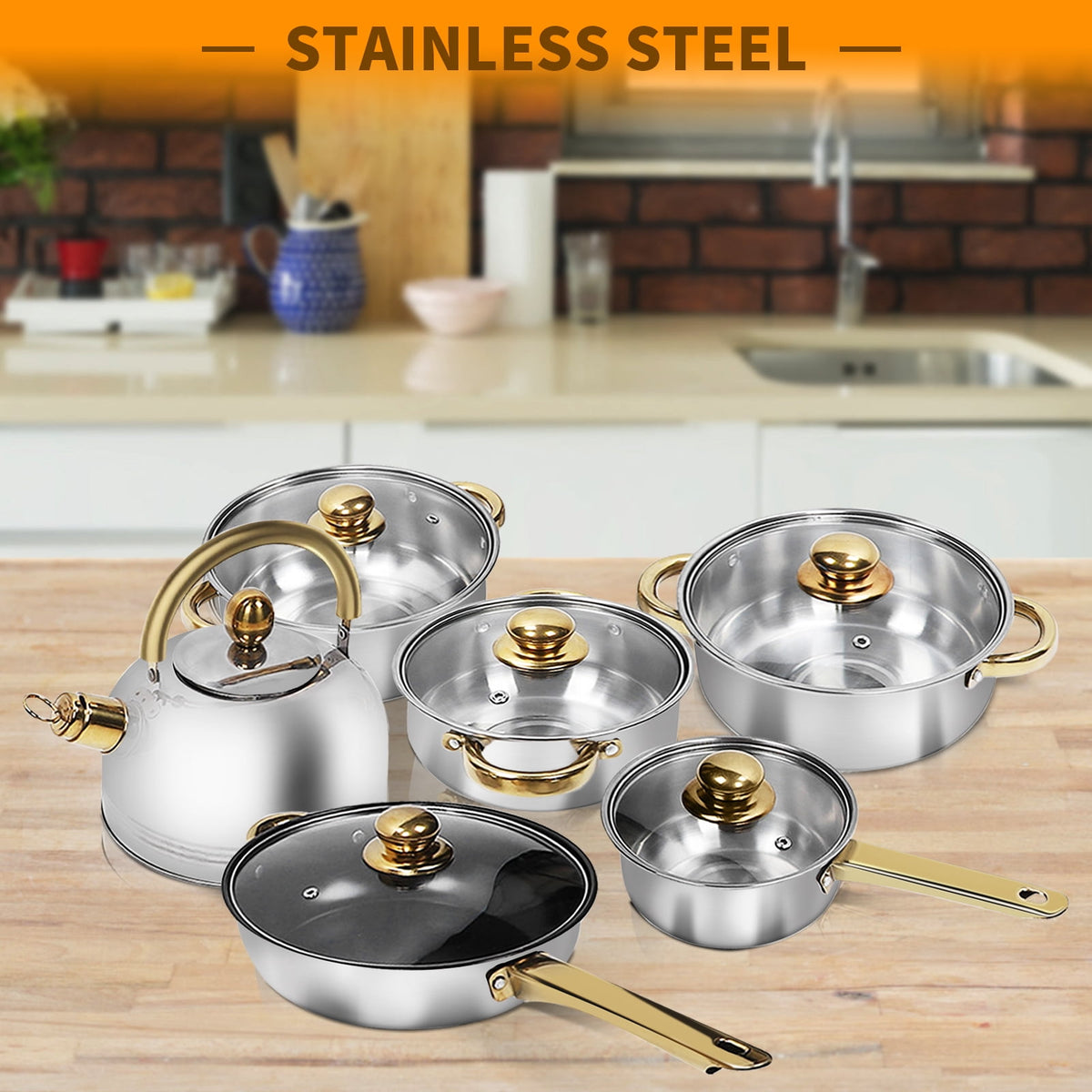 Tebru 12 Piece Nonstick Stainless Steel Cookware Set, Glass