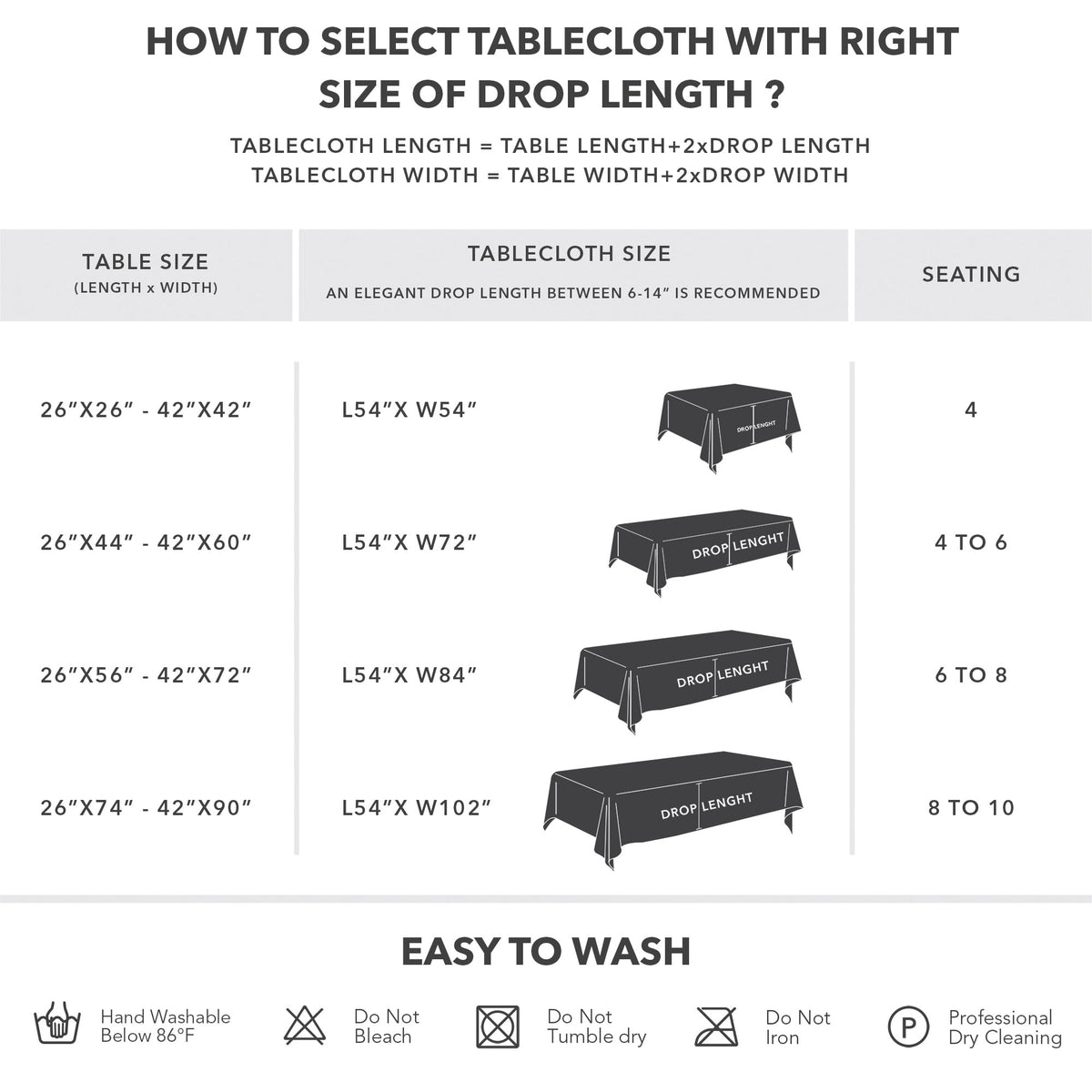 Deconovo Square Tablecloth with Waterproof Finish, Easy-Clean Polyester Table Cover, 54 x 54 Inch, Dark Gray