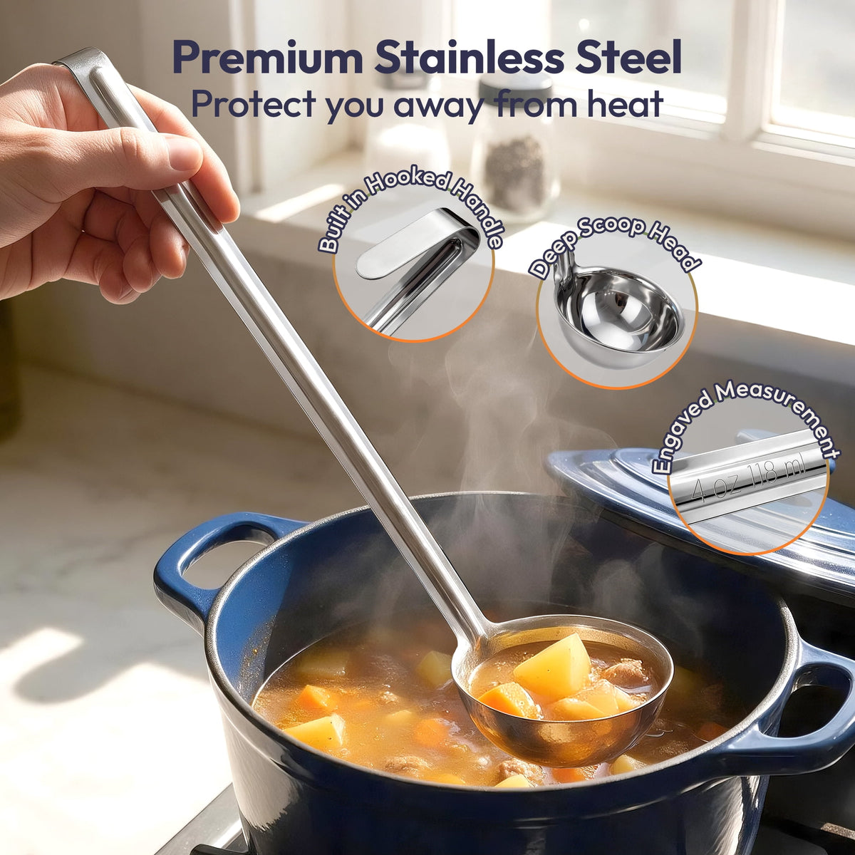 [2 Pack] 6 Oz Stainless Steel Soup Ladle - One-Piece Sauce Spatula with Hook Handles, Commercial Grade Serving Spoon, Kitchen Tool for Restaurant or Home Cooking, Mirror Finish, 14.25" Long