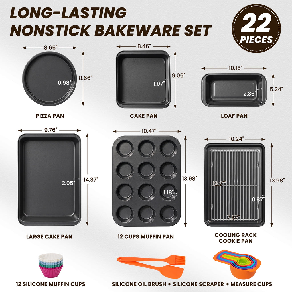 Kikcoin Bakeware Set, 22 Pcs Carbon Steel Non-Stick Baking Pan Set, Baking Sheet for Kitchen, Muffin Pan & Cookie Sheet & Cake Pan, Oven Safe up to 446℉