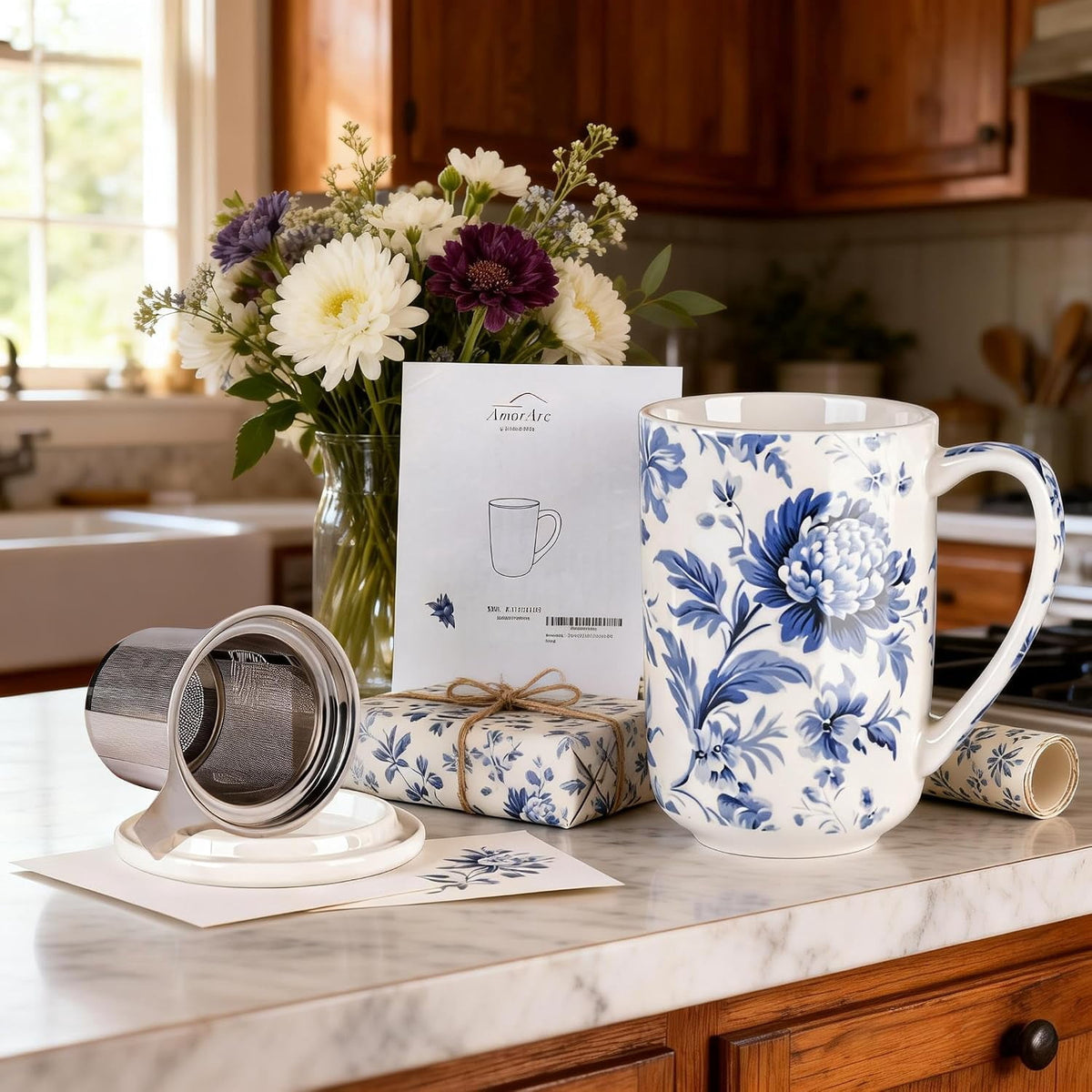 AmorArc Porcelain Tea Mug with Infuser and Lids, 18 Oz Cup Strainer Bag Holder for Loose Leaf Tea, Steeping Coffee Well-wrapped Box House-warming Wedding Birthday Gift, YelloRed