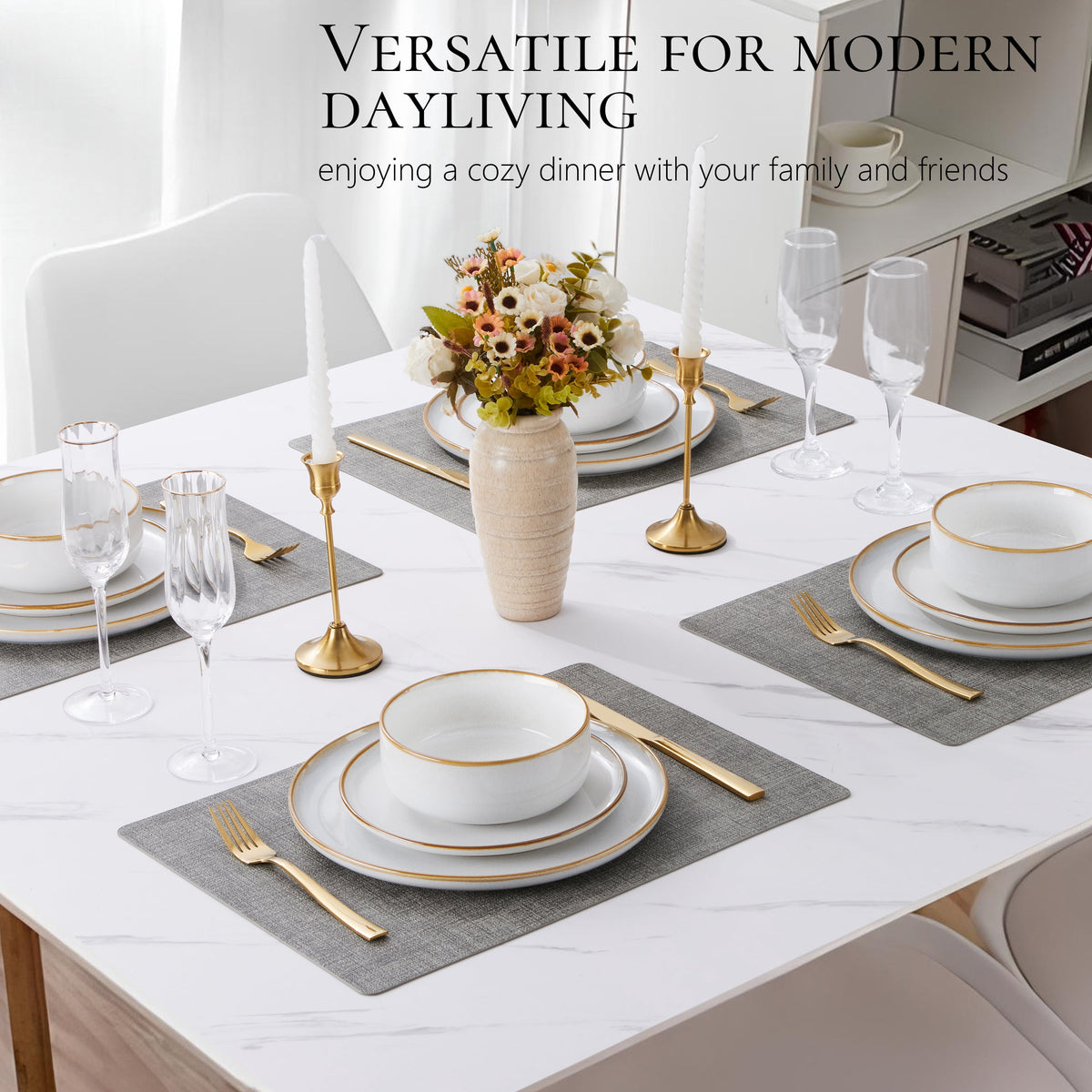 Vesteel Dinnerware Sets for 4, 12-Piece Stoneware Dish and Bowls Set, Handmade Reactive Glaze Coupe Plates Set for Family, Chip & Scratch Resistant - Matte Black