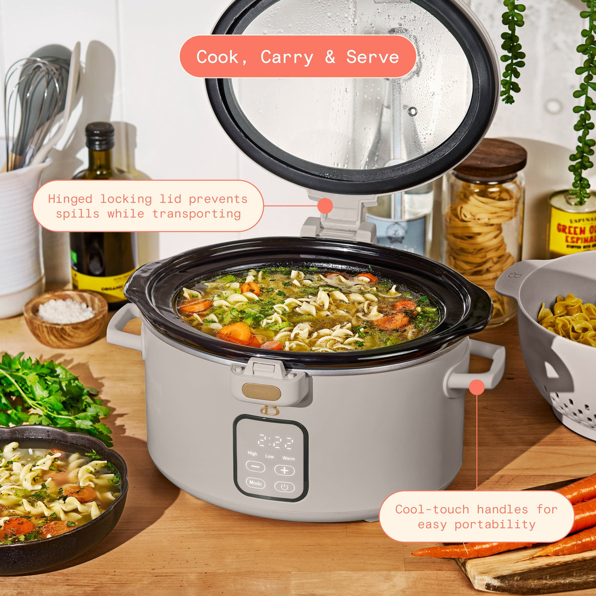 Beautiful 4 Qt Digital Slow Cooker with Hinged Locking Lid, Thyme Green by Drew Barrymore