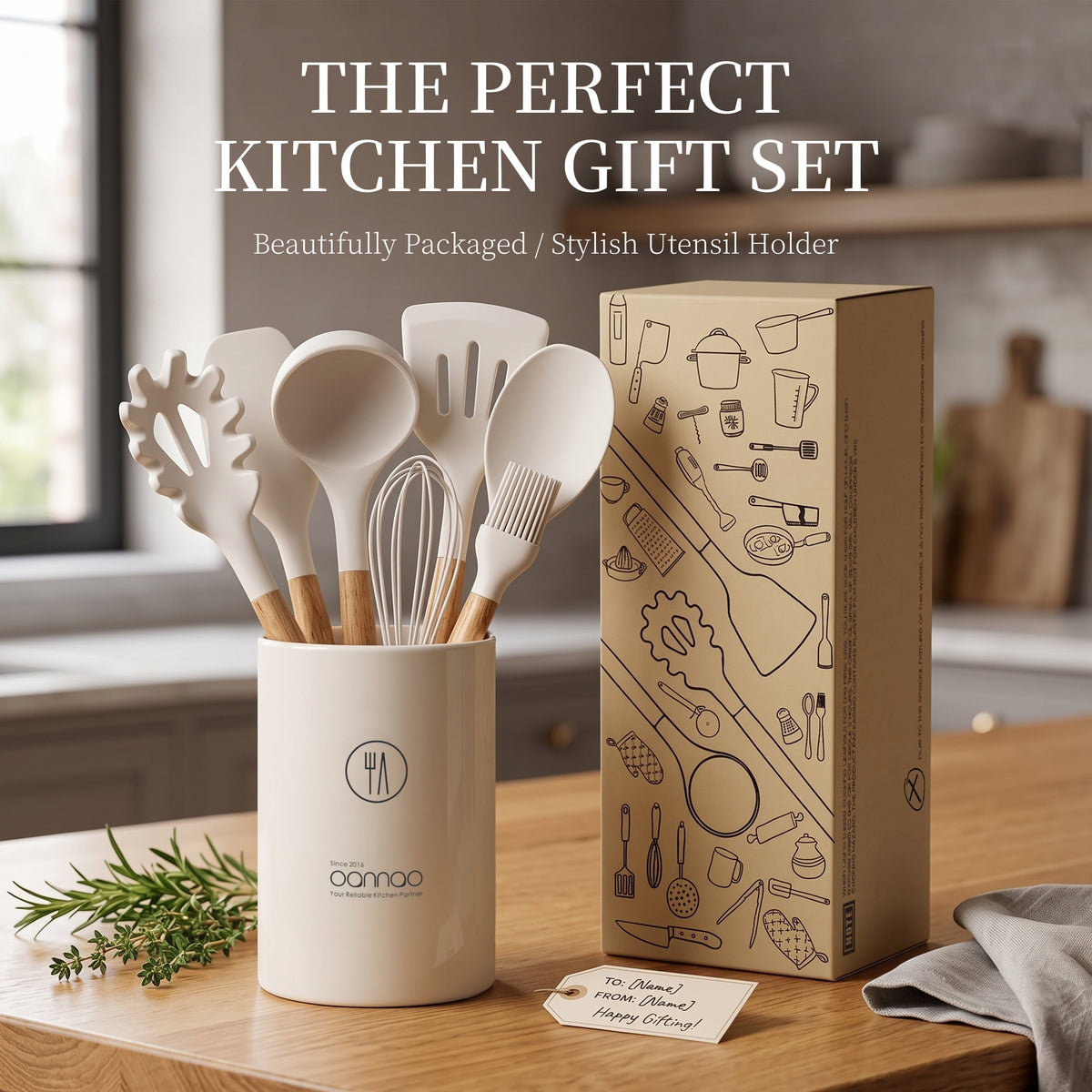 Silicone Cooking Utensils Set - Silicone Kitchen Utensils for Cooking Wooden Handles, 446°F Heat Resistant Kitchen Utensil Spatula Sets w Holder, Gadgets for Non-Stick Cookware BPA FREE (Black)