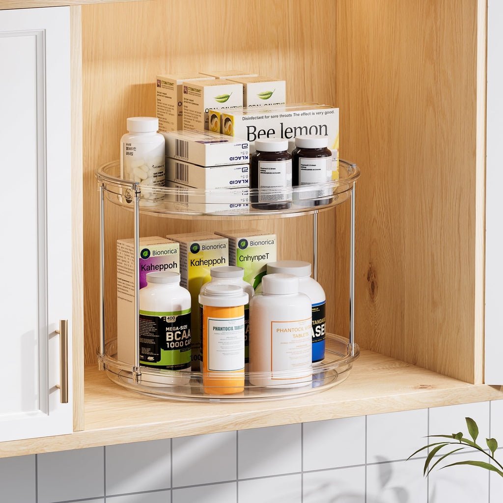 ROSSNY 2 Pack 9.25" 2-Tier Lazy Susan Turntable Organizer Countertop Kitchen Organization and Storage Spice Rack Bathroom Vanity Holder, Clear