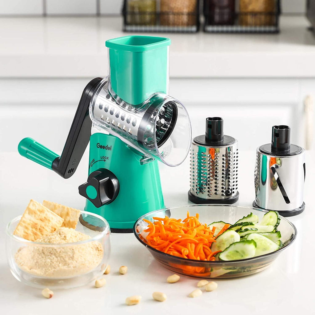 Geedel Rotary Cheese Grater, Kitchen Grater with Strong Suction Base, Dishwasher Safe, Easy to Clean Grater for Cheese,Vegetable, Nuts (3 Blades)