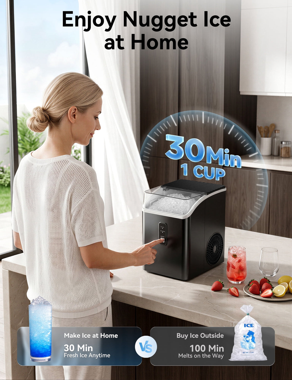 Goosiay Slim Countertop Nugget Ice Maker Machine, 33lb per Day Mini Compact Chewable Pebble Crushed Portable Ice Maker, Black