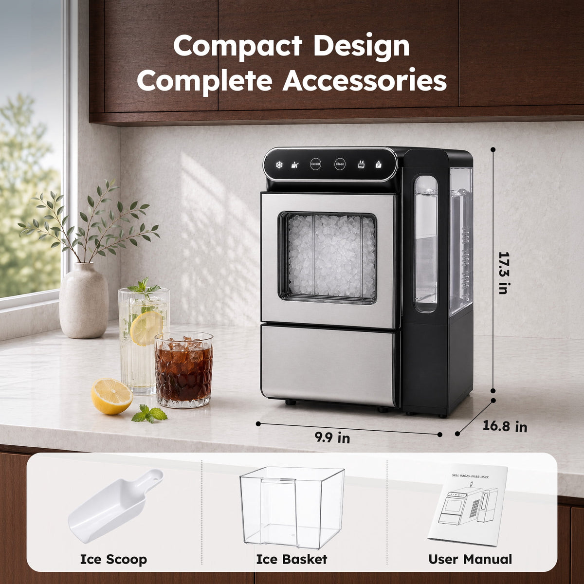 Simzlife Countertop Nugget Ice Maker, 26 Lbs/24H Chewable Sonic Ice, Self-Cleaning Ice Machine, 2.65L Water Tank