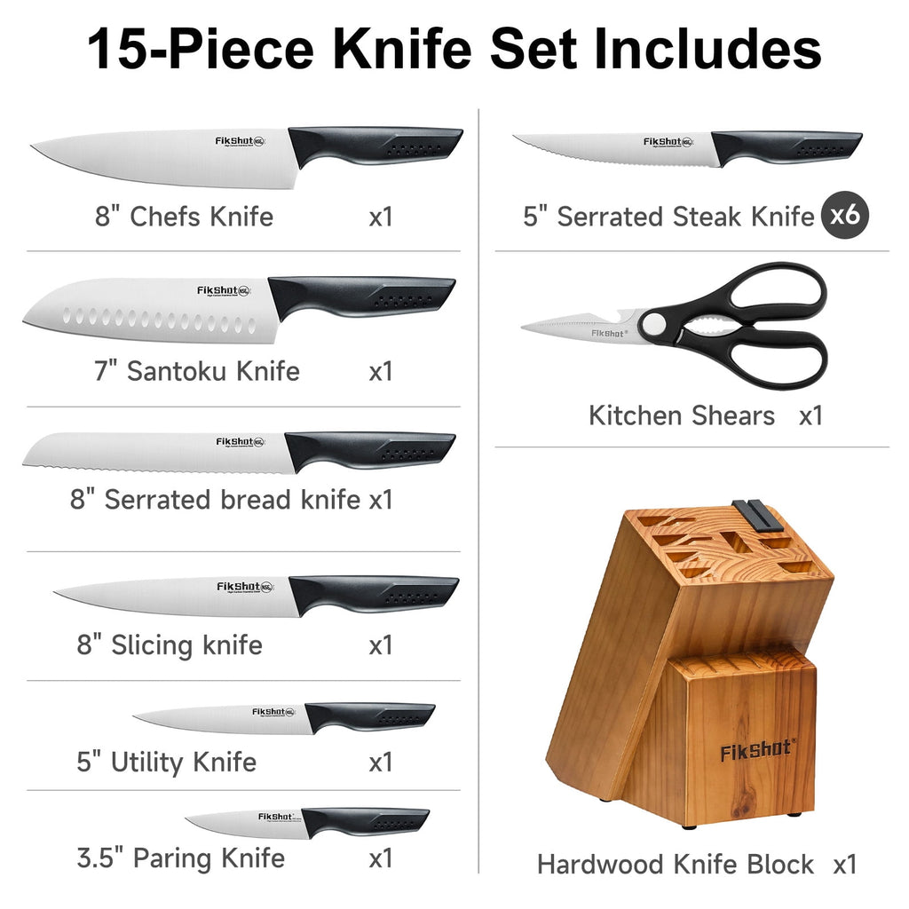 Knife Set with Block and Sharpener, High Carbon Stainless Steel Chef Knife block Set for Kitchen（15 PCS Pro Black）