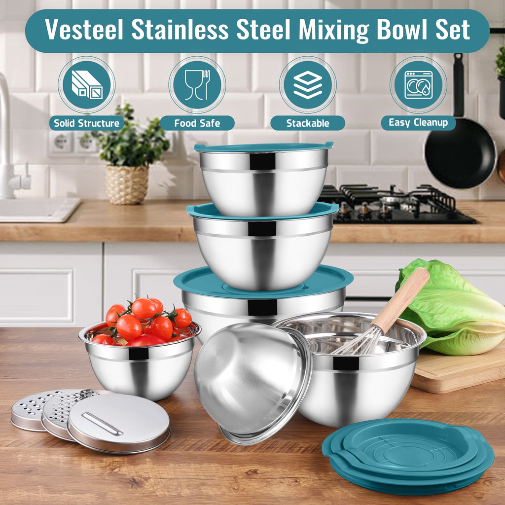 Mixing Bowls with Lids Set of 9, Vesteel Stainless Steel Mixing Bowls Metal Nesting Salad Bowls Attach with 3 Graters for Kitchen Grating/ Shredding, Size 4.6, 2.6, 2, 1.5, 1, 0.7 QT - Multi-Color