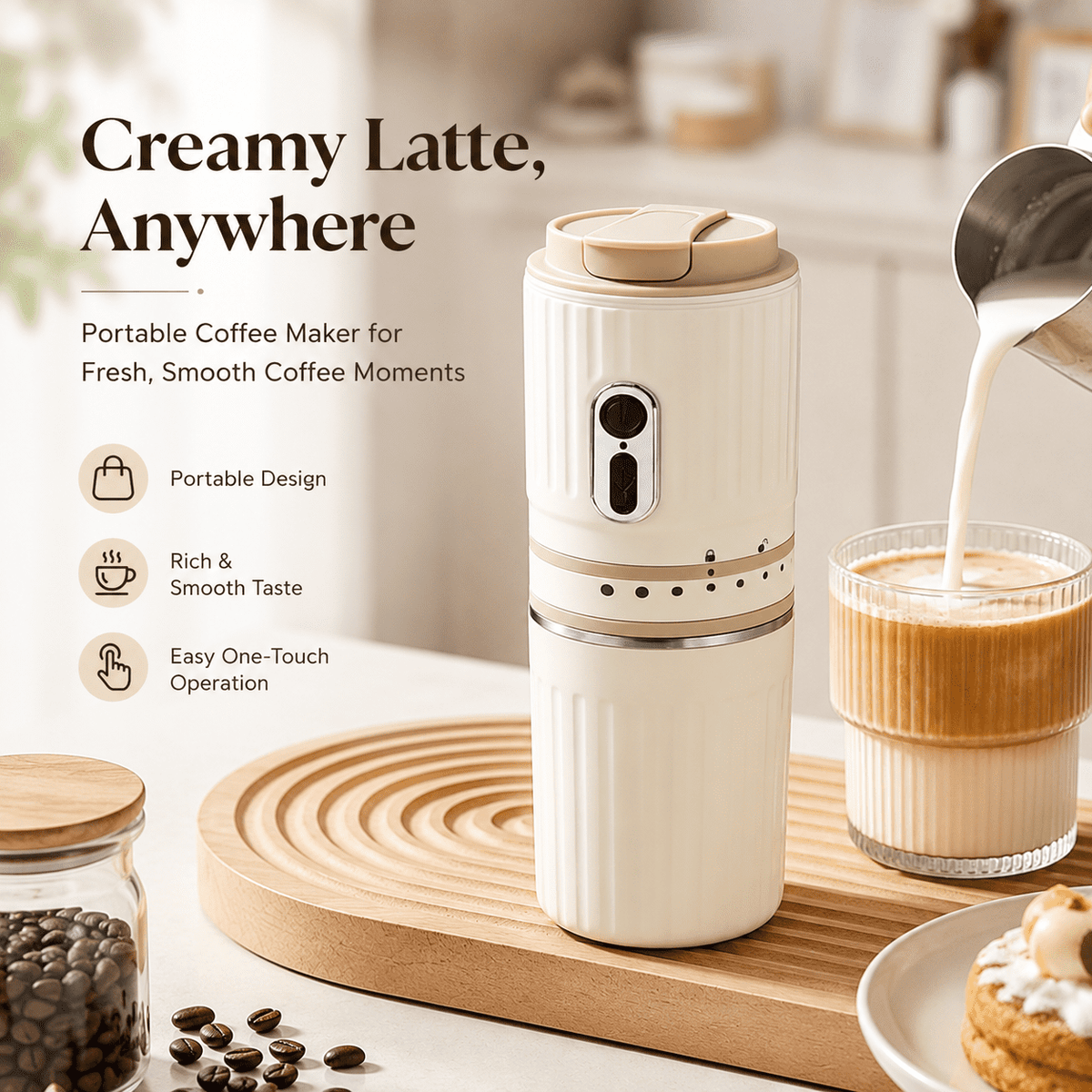Fatomal Portable Coffee Maker, Travel Coffee Maker with Electric Grinder, Cordless Mini Coffee Machines with Insulated Mug for Travel, Camping, Car, White