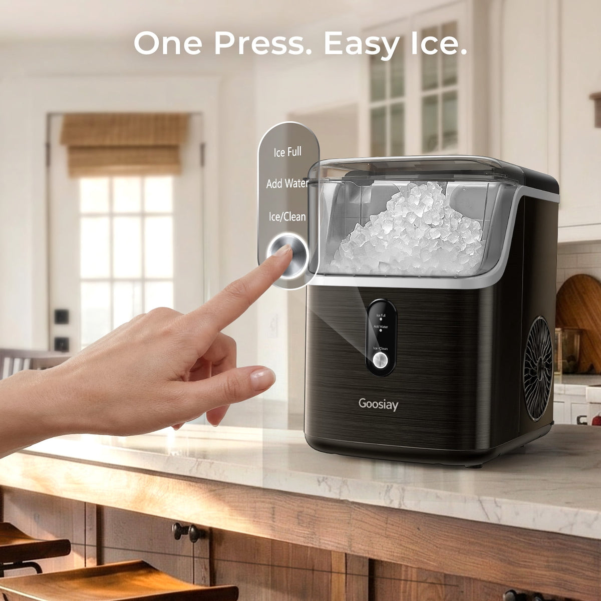 Goosiay Nugget Ice Maker Countertop, 33lbs Per Day Portable Ice Machine with Soft Chewable Pellet Ice, Stainless Steel, Black