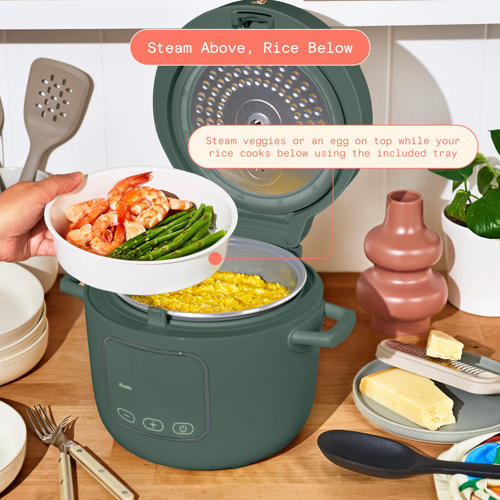 Beautiful 14-Cup Cooked, 6-Cups Uncooked Electric Rice and Grain Cooker, EverGood Ceramic Nonstick Coating, Thyme Green by Drew Barrymore