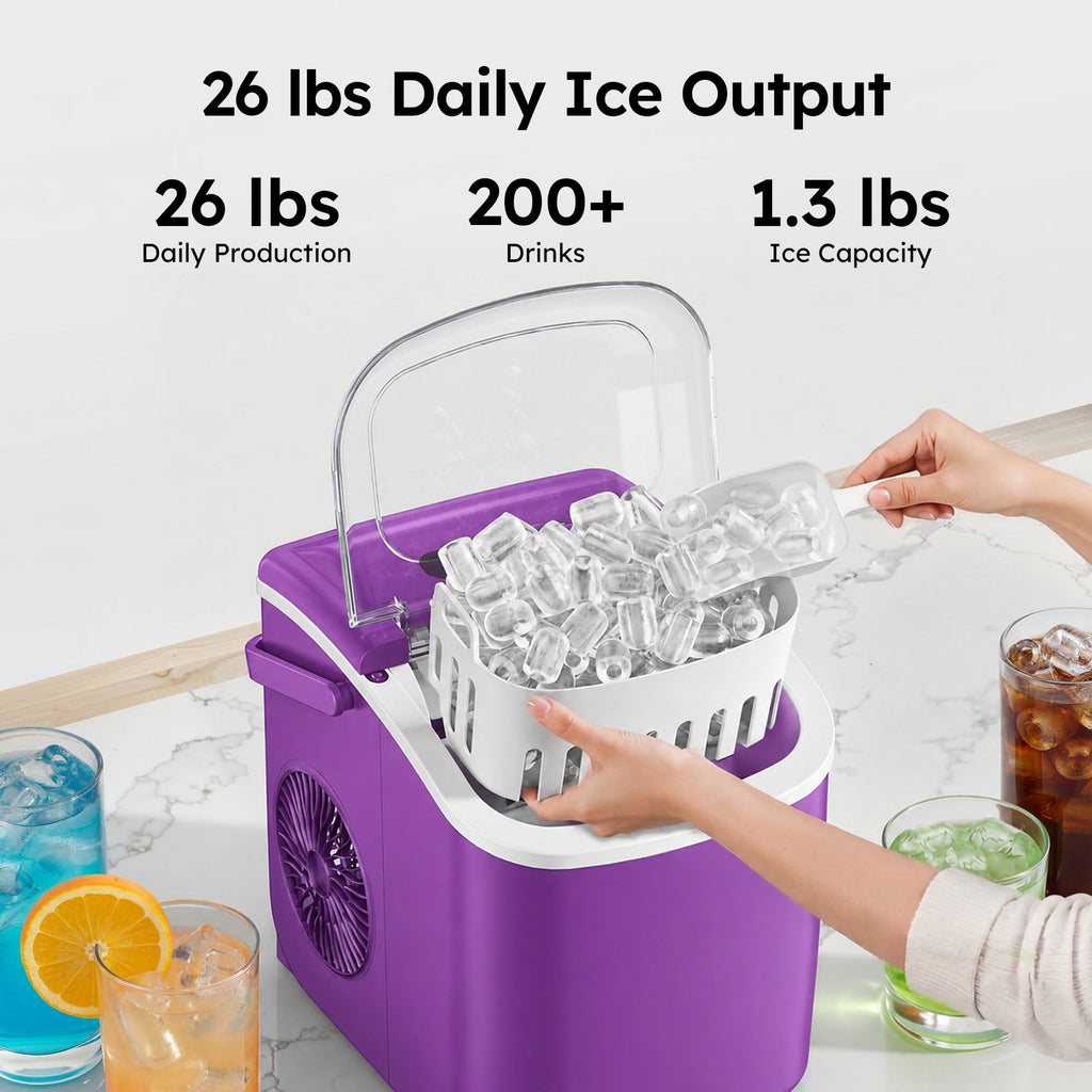 Simzlife Countertop Ice Maker, 26 Lbs/24H, 9 Bullet-Shaped Ice Cubes in 6 Minutes, Auto-Cleaning Ice Machine, Black