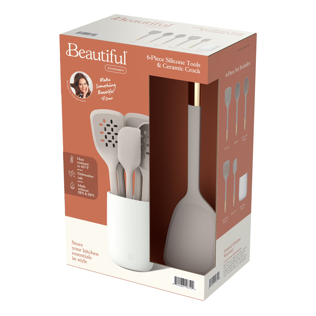 Beautiful 6-Piece Silicone Kitchen Tool Set with Ceramic Crock, Chocolate by Drew Barrymore