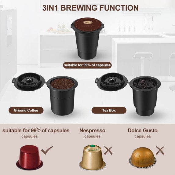 Jesslyn 3 in 1 Single Serve Coffee Maker: K Cup Coffee Machine Compatible with Grounds, Instant Coffee Pot, Tea Maker Brewer - Removable 50 oz Water Reservoir, 120V 1150W, Black