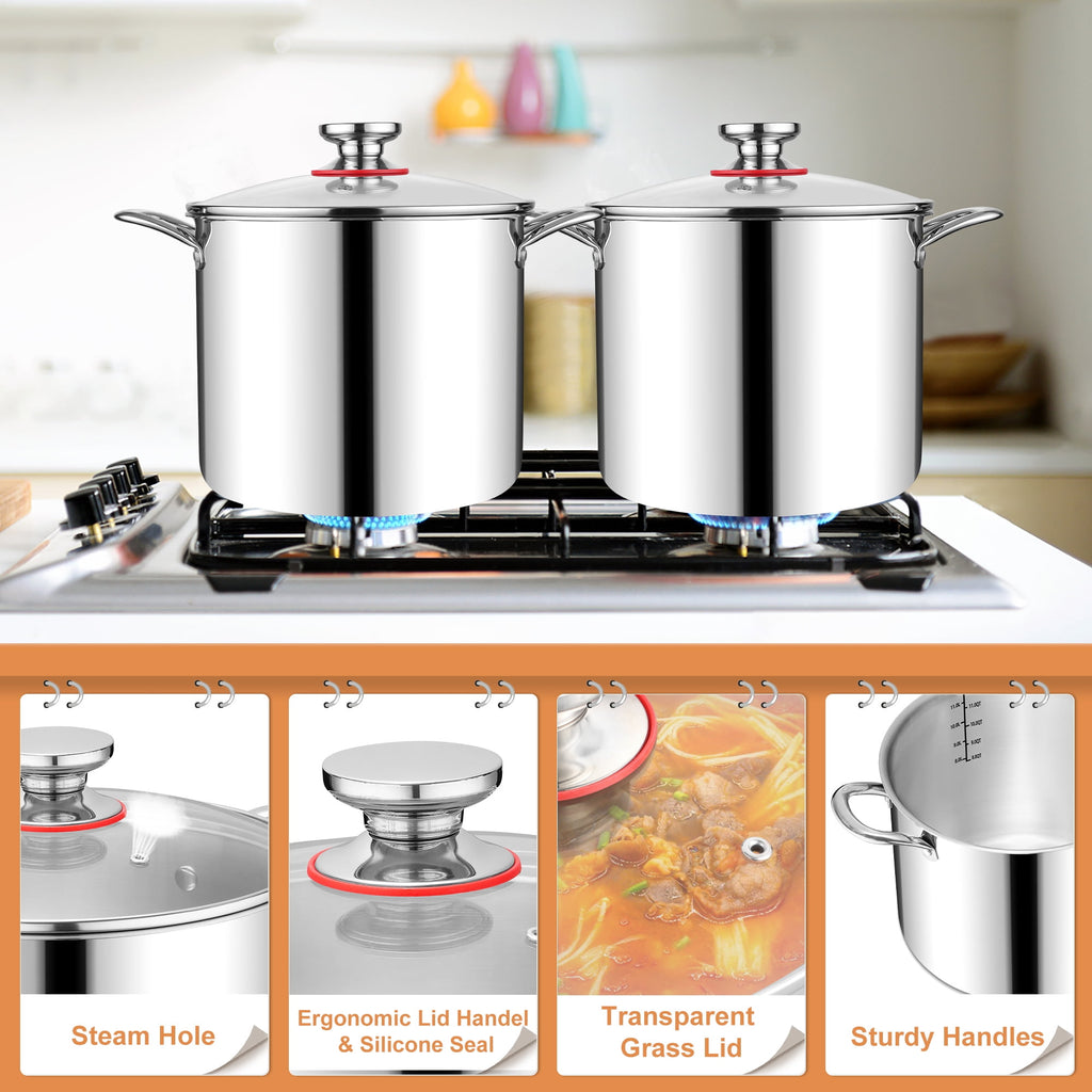 Coliware 8 QT Stainless Steel Stock Pot with Glass Lid, Cooking Soup Pot with 3-Ply Whole Clad for