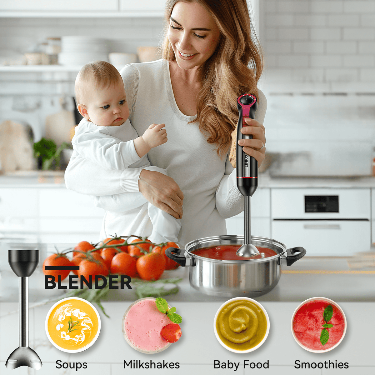 LINKChef Immersion Blender, 20-Speed 1000W Immersion Hand Blender, Stick Blender with Turbo Mode