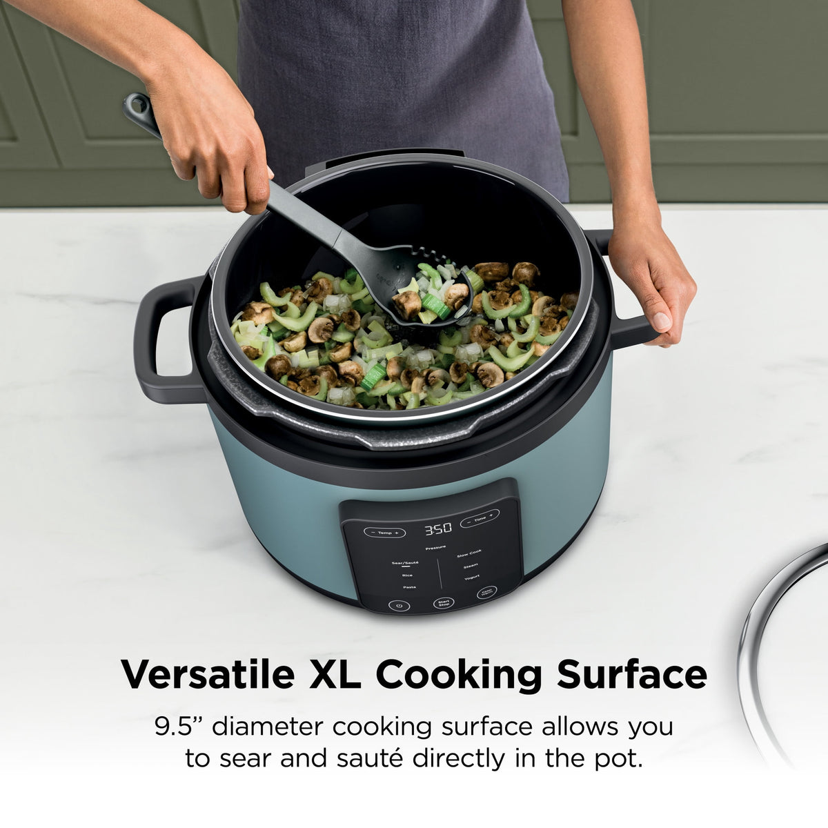 Ninja HyperHeat 8-in-1 Electric Pressure Cooker with SimpliServe Pot — 6.5 Qt, Cooks Up to 2X Faster, 1200W, Feeds 8–10, Sage Leaf