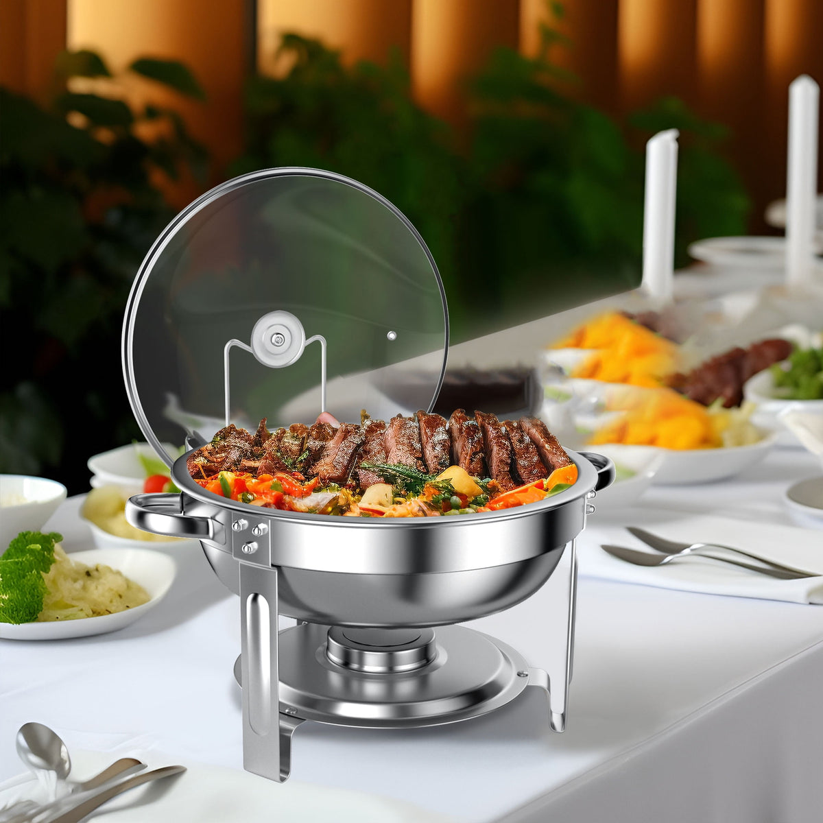 Chafing Dish Buffet Set 4 Pack: TINANA 5QT Stainless Steel Chafing Dishes for Buffet with Glass Lid & Lid Holder, Round Chafers and Buffet Warmers Sets for Parties, Events, Wedding, Camping, Dinner