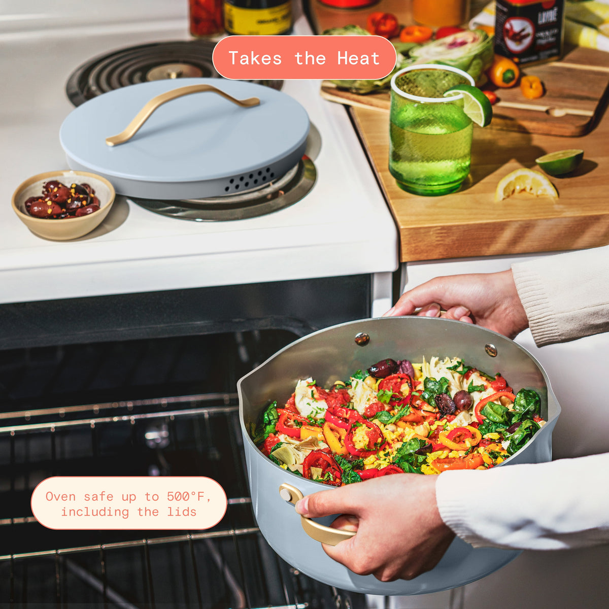 Beautiful 12-Piece Cookware Set, Pots and Pans with Strainer Lids and EverGood Ceramic Nonstick Coating, White Icing by Drew Barrymore