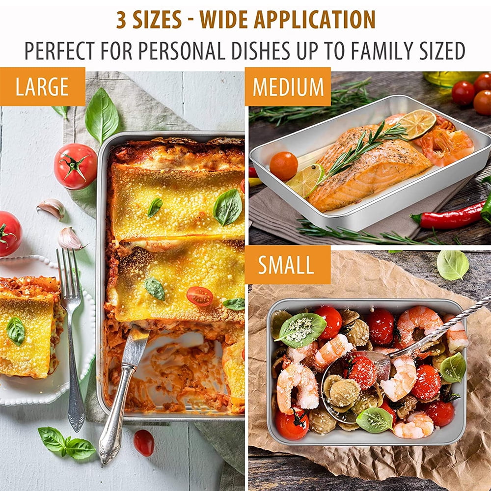 Baking Pans Set of 3, VeSteel Stainless Steel Sheet Cake Pan for Oven - 12.5/10.5/9.4Inch, Rectangle Bakeware Set for Cake Lasagna Brownie Casserole Cookie, Non-toxic & Healthy, Dishwasher Safe