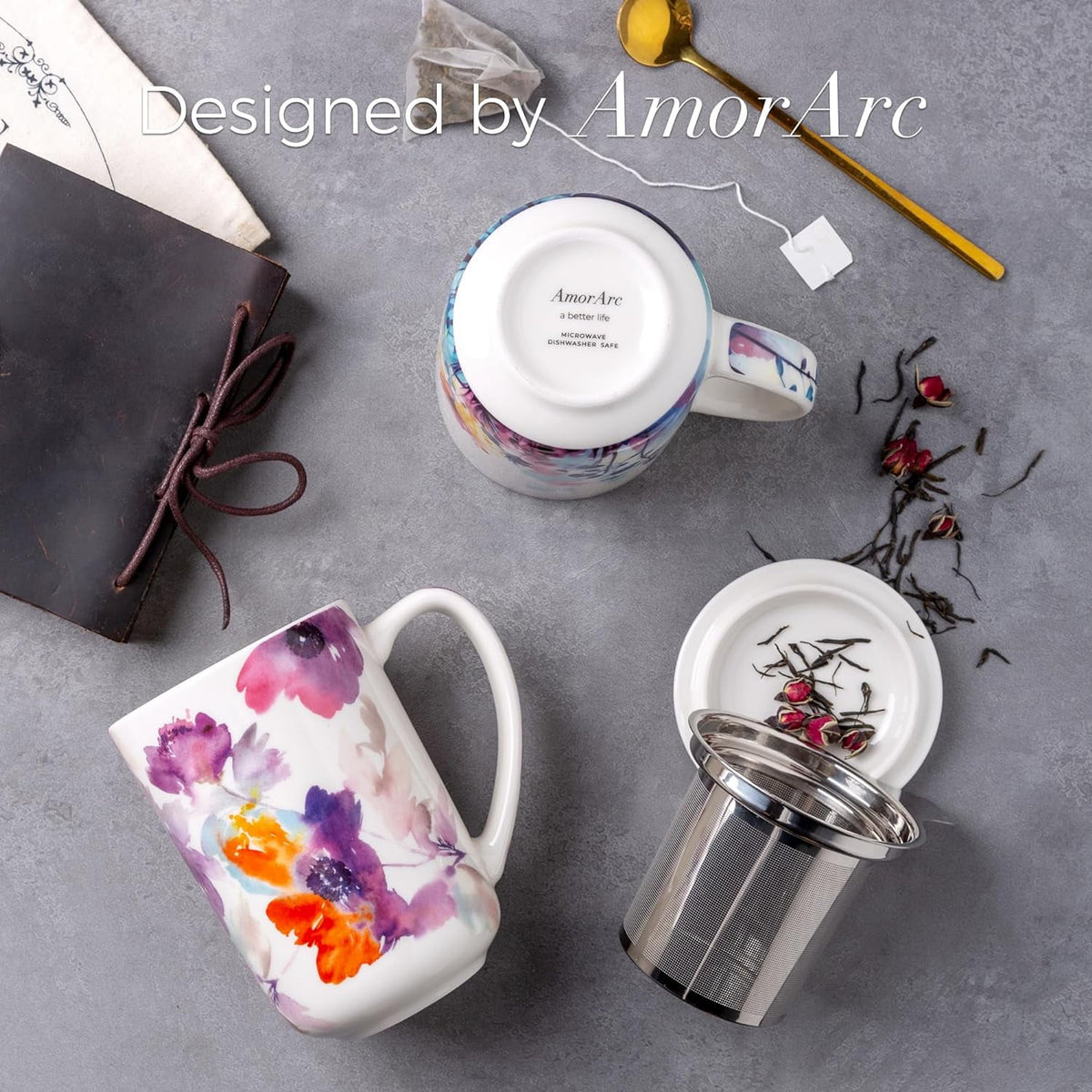 AmorArc Porcelain Tea Mug with Infuser and Lids, 18 Oz Cup Strainer Bag Holder for Loose Leaf Tea, Steeping Coffee Well-wrapped Box House-warming Wedding Birthday Gift, YelloRed
