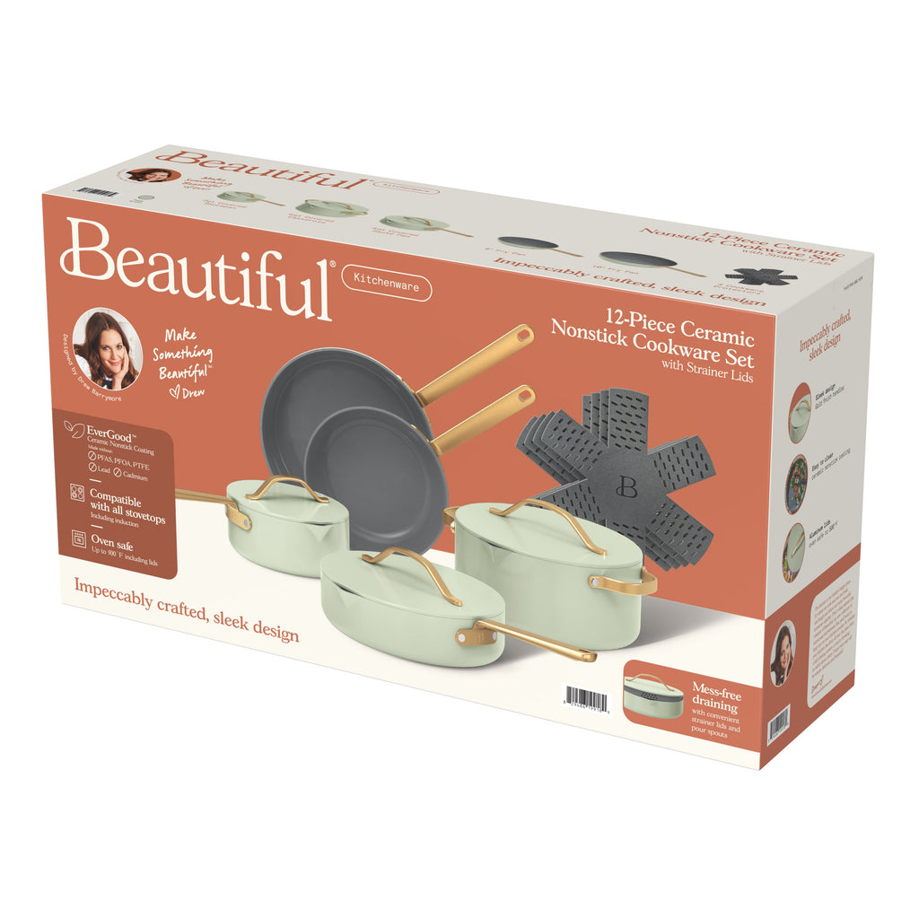 Beautiful 12-Piece Cookware Set, Pots and Pans with Strainer Lids and EverGood Ceramic Nonstick Coating, White Icing by Drew Barrymore