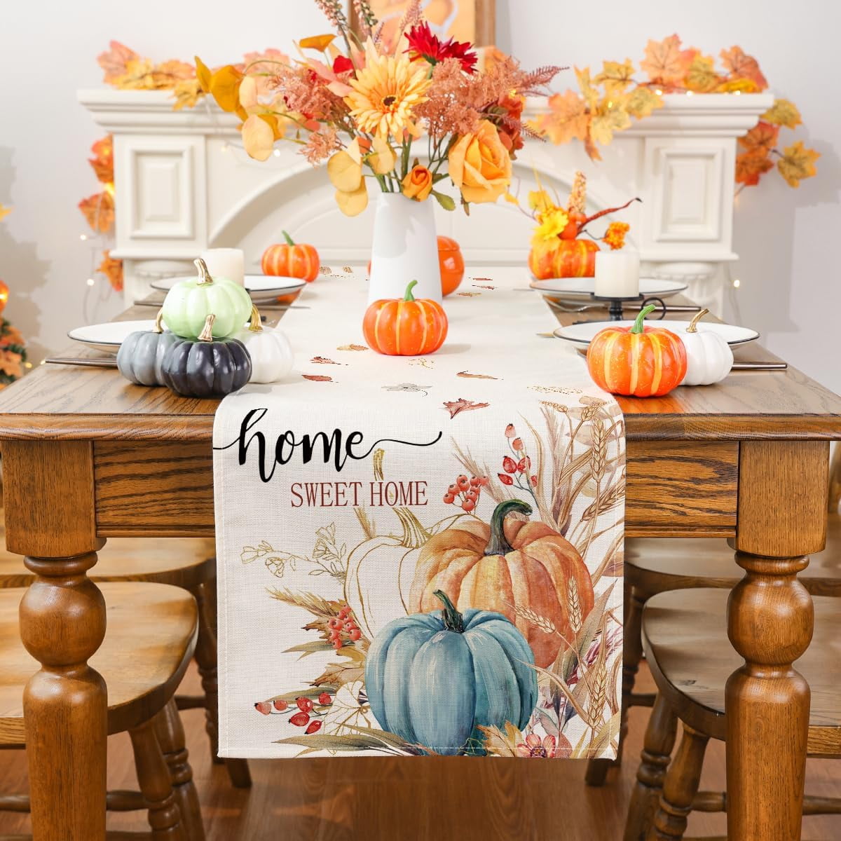 YIBAGA Fall Table Runner Pumpkin Sweet Home Thanksgiving Dining Decoration, 13x72 inch, Polyester