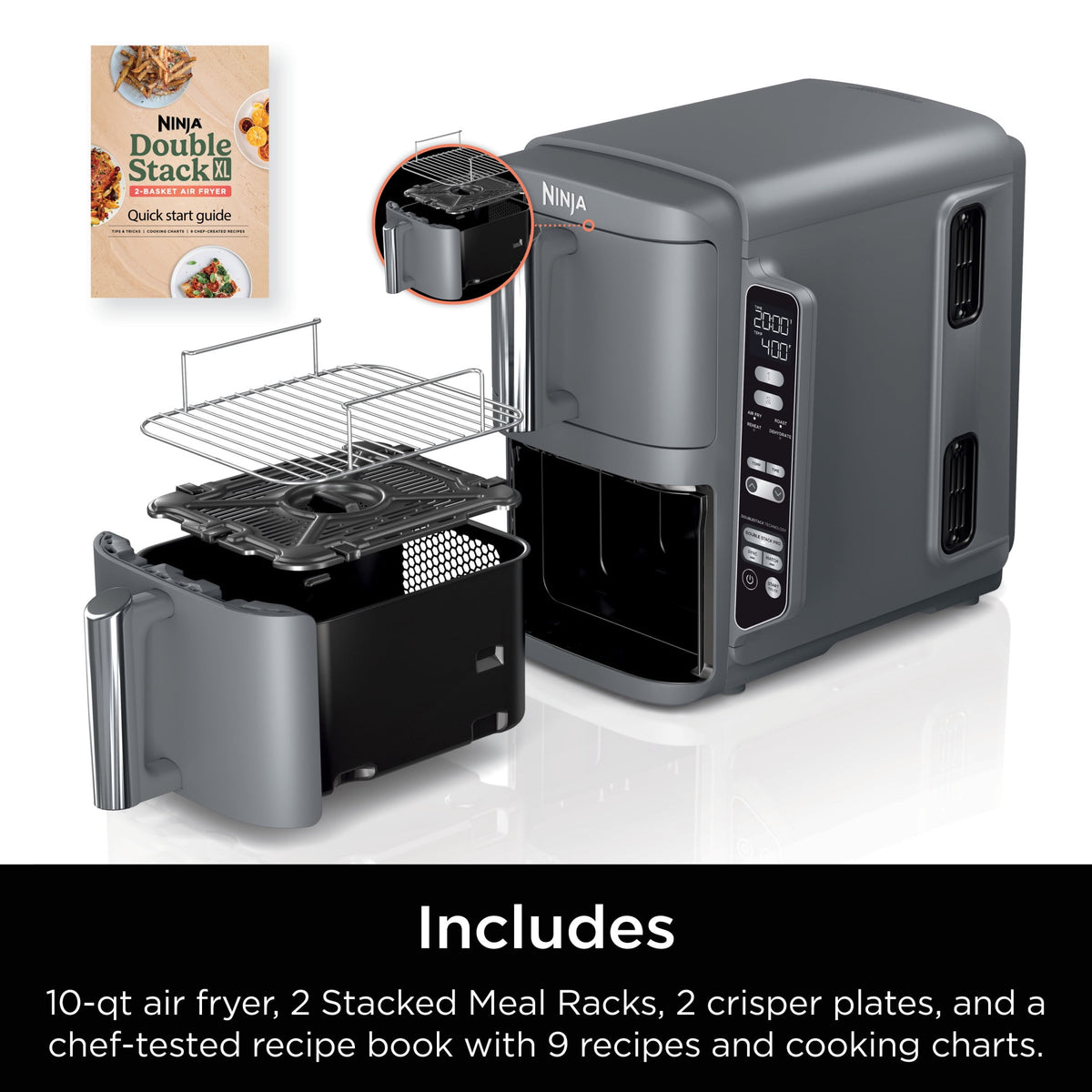 Ninja DoubleStack Air Fryer 8-Qt, 2 Baskets, Cook 4 Foods at Once, Space Saving, 4-in-1, SL200 Black