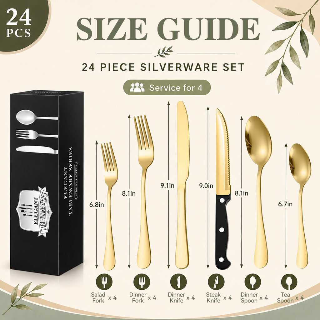 TINANA Silverware Sets, 24 PCS Flatware Set for 4, Stainless Steel Cutlery Utensil Set with Steak Knives Mirror Polished Forks and Spoons, Silver