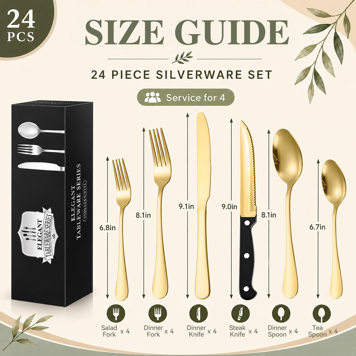 TINANA Silverware Sets, 24 PCS Flatware Set for 4, Stainless Steel Cutlery Utensil Set with Steak Knives Mirror Polished Forks and Spoons, Silver