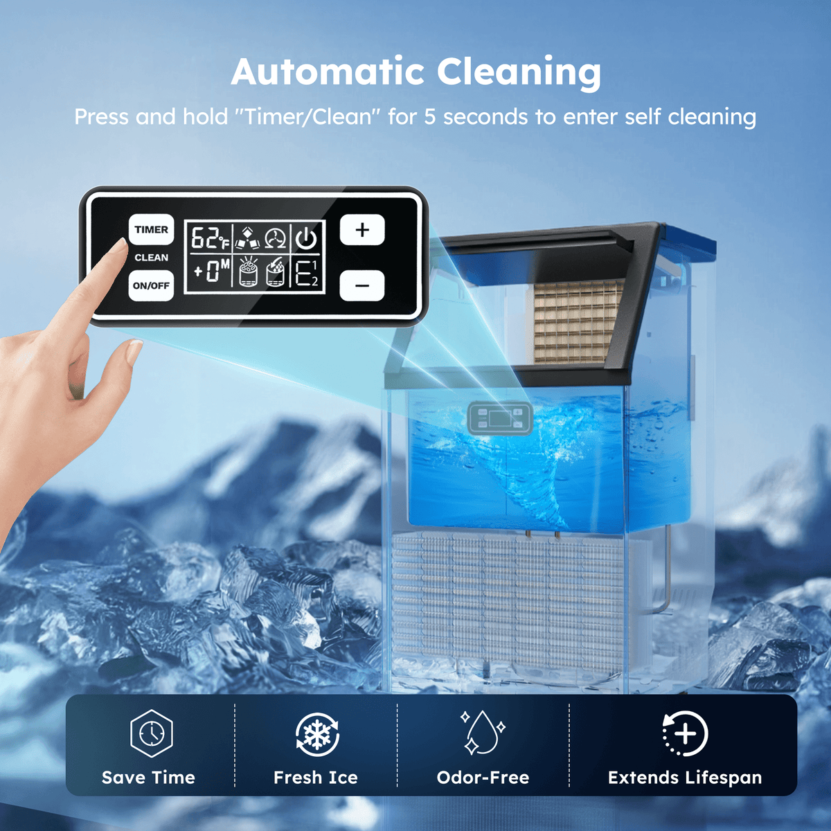 Simzlife Commercial Ice Maker, 100 Lbs/24H, Freestanding or Built-In, 33 Lb Storage Bin, Stainless Steel Ice Machine