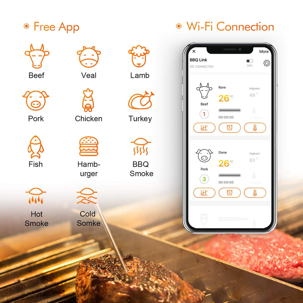 Inkbird WiFi&Bluetooth Meat Thermometer,4 Colored Probes Wireless BBQ GrillingThermometers for Barbecue ,Smoker,Oven | APP Calibration Temp Graph | Mobile Notification Timer Alarm