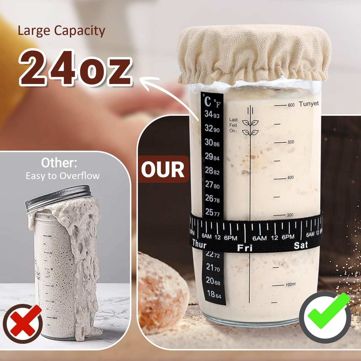 TINANA Sourdough Starter Jar Kit, 650ml Sourdough Starter Jar With Thermometer, Silicone Scraper, Cloth Cover And Aluminum Lid. Reusable Sour Dough Starter Jar