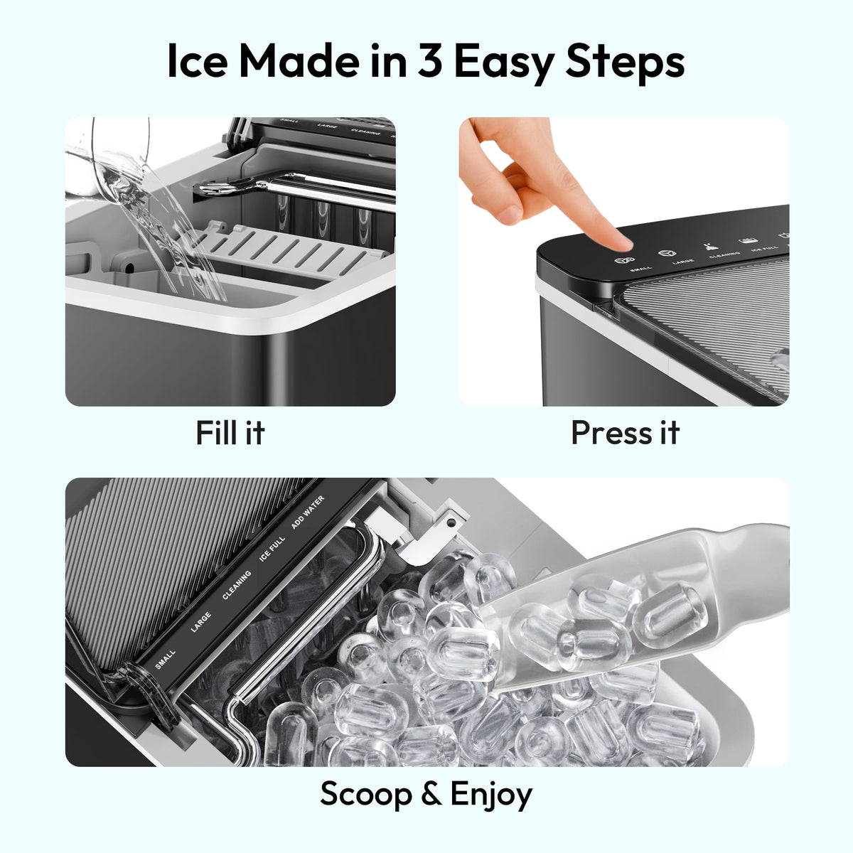 EUHOMY Portable Countertop Ice Maker, 26.5 lbs/24H, 2 Ice Sizes, Self-Cleaning, Grey