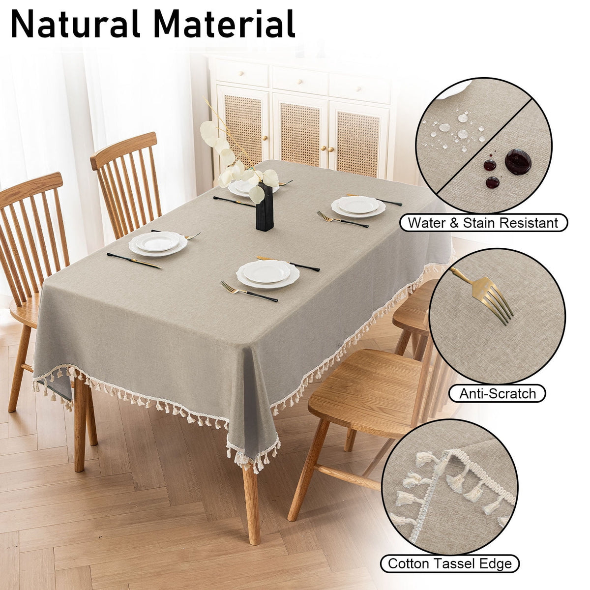 Soulgenix Tablecloth, 55"*70" Rectangle Table Cloth with Tassel, Table Cover for Dining, Party, Home, Fits Tables 30"×45" (4-6 seats), Beige