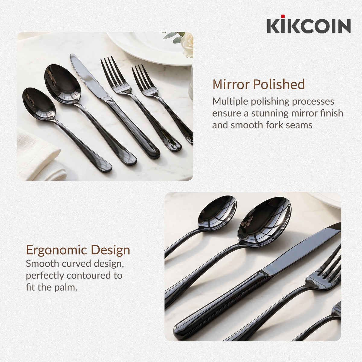 Kikcoin 42 Pcs Silverware Set for 8, Stainless Steel Flatware Set, Mirror-Polished Spoons, Forks and Knife Set, Cutlery Utensils Set for Kitchen, Wedding and Restaurant, Black