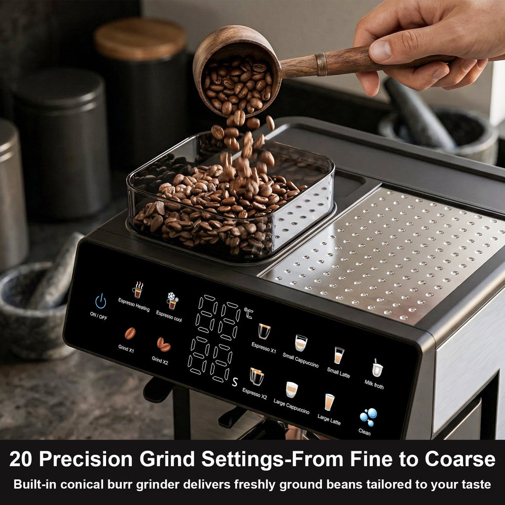 Bluebow 20-Bar Espresso Machine with Grinder and Milk Frother, All-in-One Automatic Coffee Maker for Latte Cappuccino, Home&Office