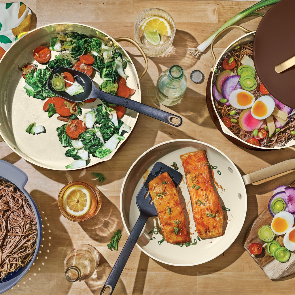 Beautiful 12-Piece Cookware Set, Pots and Pans with Strainer Lids and EverGood Ceramic Nonstick Coating, White Icing by Drew Barrymore