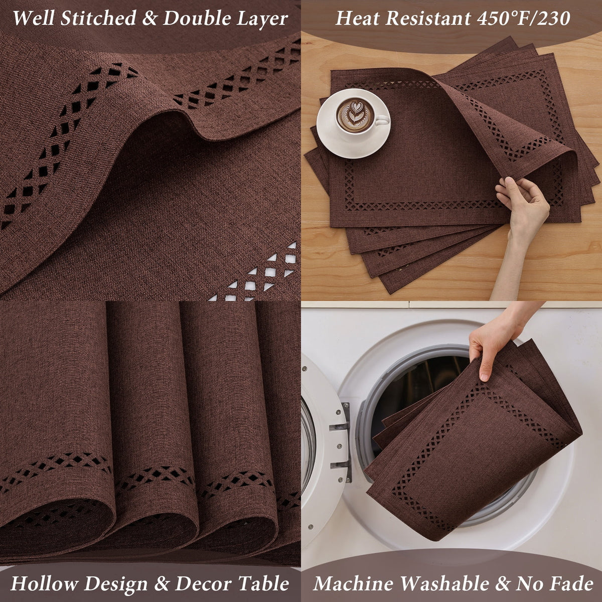 Placemats Set of 4, Yamaziot Double Layer Cloth Fabric Heat Resistant Place Mat, Washable Reversible Rectangle Dining Table Mats, Hollow Khaki, 12"x18"